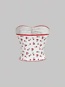 SHEIN MOD White And Red Cherry Print Two-Piece Set,Summer Cottage Core Picnic Holiday,Strapless Ruched Bustier Top & High-Waisted Tiered Ruffle Mini Skirt - Red and White - View 6