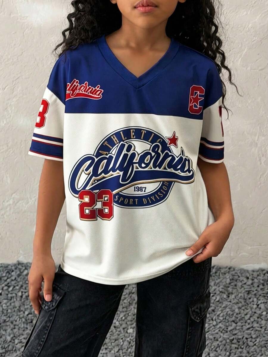Coolane Kids Tween Girls White Summer Streetwear School Back-To-School Loose Fit V-Neck Short Sleeve Digital Print Baseball Shirt,Baggy Fashionable Cute Jersey - Apricot - View 1