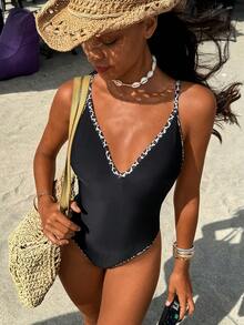 SHEIN Swim Vcay-D Women's Solid & Random Leopard Print Deep V One-Piece Swimsuit, Spring/Summer - Black - View 6