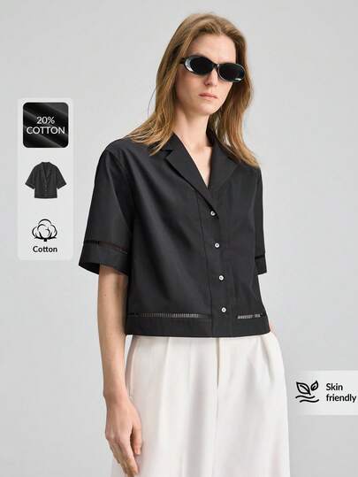 Ontre 2026SS Women's Black Shirt, Comfortable Soft Woven Fabric, Turndown Collar, Short Sleeve, Button, Loose Fit, Lace Patchwork, Hollow Out, Modern Urban Chic Business Casual Office Lady Top, High-Quality Spring Summer Clothing