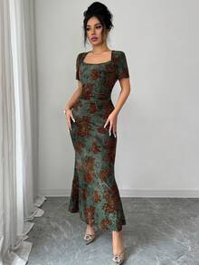Rafferiza Women's Dark Green Summer 70's Retro Party Dress,French-Style Flocked Print Square Neck Slim-Fit Bodycon Elegant Formal Graduation Prom Wedding Gown - Green - View 5