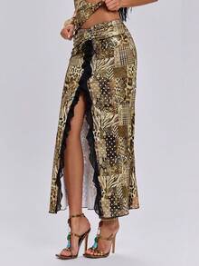 ROMWE Y2K Animal Print Metallic Sexy Beach Vacation Style Ruffle Hem Bodycon Skirt For Women - Gold - View 7
