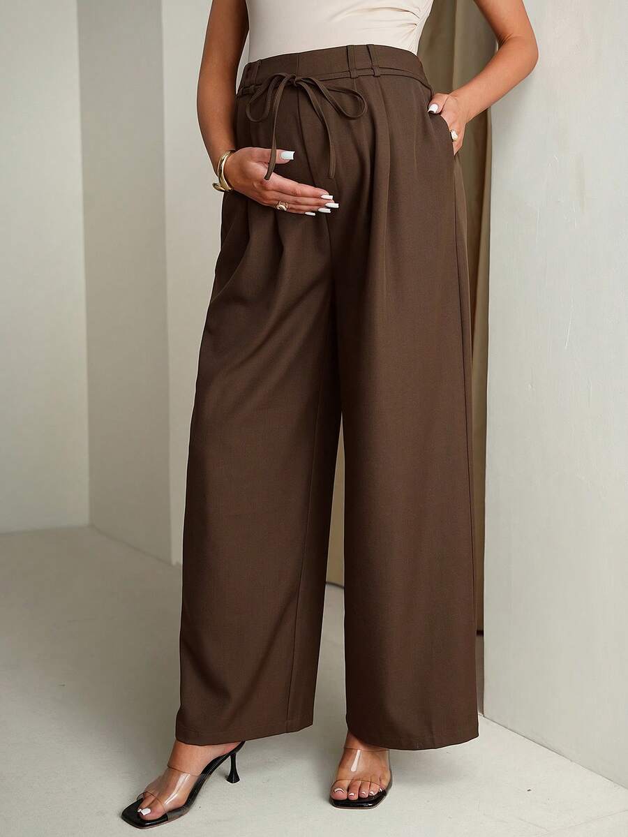 MaterniChic 孕妇休闲百搭通勤高腰纯色裤 - 棕色 - 查看 1