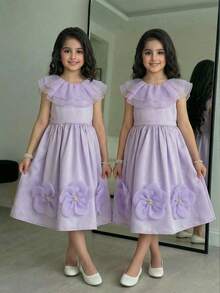 SHEIN Young Girl Woven Solid Color Ruffle Floral Casual Dress - Purple - View 2