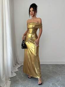 Rafferiza Women's Elegant Off-The-Shoulder, Fitted Waist, Coated Waist With Ruching And Metal Buckle Embellishments, Bodycon Fashion Dress. Other Styles Include Elegant Women's Dresses, Elegant Gowns, Luxurious Dresses, Yellow Dresses, Summer Dresses, Women's Summer Dresses, Spring Dresses, Women's Summer Outfits, Party Outfits, Elegant Women's Party Dresses, Off-The-Shoulder Dresses, Metallic Dresses, Elegant Long Dresses, And Shimmering Dresses.Turkish Abaya, Arab Long Robe Fall Summer For Women - Champagne - View 7