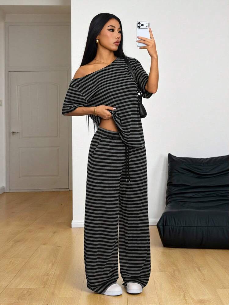 SHEIN PETITE Women's Striped Asymmetric-Shoulder Top And Drawstring Waist Wide Leg Pants Casual 2-Piece Set - Black - View 9