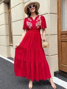 Solivie Women's Long Embroidered Dress, Red Elegant Vacation Dress, Spring/Summer Summer Dress Vacation Outfits Women Floral Dress Red Elegant Dress Women Embroidered Dresses For Women Red Casual Dress Women's Maxi Dress Wedding Guest Dress Birthday Dresses For Women Floral Dress Red Dress Boho Red Dress Red Casual Maxi Dress Elegant Red Dress For Women  Summer Vacation Outfits Women Going Out Outfits - Red - View 8