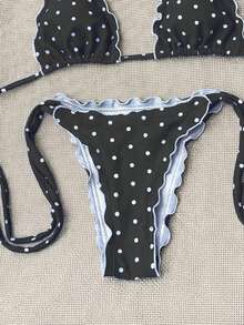 Swim Mod Bohemian 70s Retro Elegant Vacation Beach Party Casual Cute Black And White Polka Dot Bikini Set Summer - Multicolor - View 4