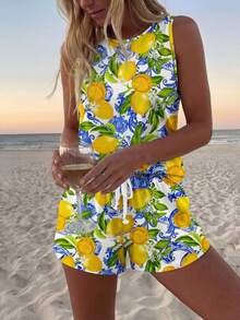 Sylviya 女士柠檬水果图案圆领无袖背心和双口袋短裤休闲沙滩度假两件套，春夏款 - 彩色 - 查看 5