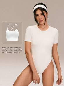 GLOWMODE Ribbed Pima Cotton Ready To Flow Ultra-Soft Breathable Lightweight Stretchy Snap Closure Non-Padded Short-Sleeve Crewneck Thong Bodysuit Yoga Pilates Studio Daily Casual Wear - White - View 5