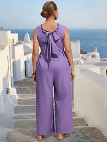 Linhara CURVE 大码优雅连体裤，百搭设计，适合工作、派对、约会等场合，收腰设计，后背蝴蝶结细节，女士休闲装、女士夏季装、女士春季装、女士夏季套装 - 紫色 - 查看 2