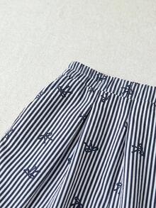 SHEIN Essnce Plus Size Women's Spring And Summer Fashion Casual Loose Comfortable Daily Basic Cool Pink Striped Bow Elastic Waist Wide Leg Pants,Y2k Clothes,Baggy Pants,Street Wear,Curve Cute Clothes,Summer Bottoms,Flowy Pants,Brunch Outfits For Women - Black and White - View 3