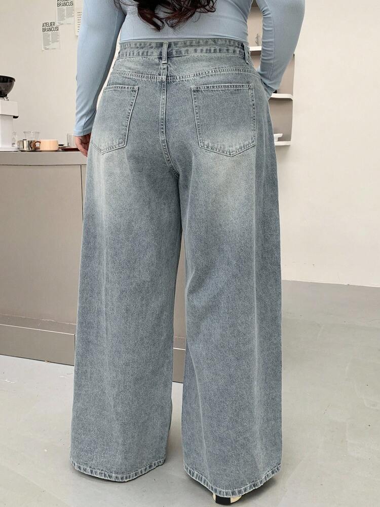 Dazy Plus Plus Size Distressed Washed Wide Leg Long Denim Jeans