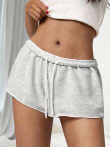SHEIN 少女抽绳腰带翻边短裤 - 淺灰色 - 查看 1
