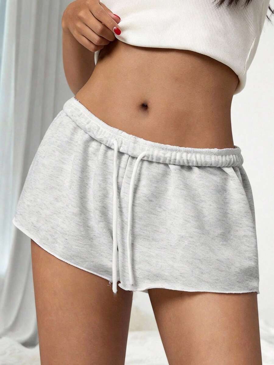 SHEIN 少女抽绳腰带翻边短裤 - 淺灰色 - 查看 1