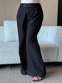 Dazy Plus Jeans rectos de pierna larga con parches, cintura con cordón y lavado oscuro, para todas las estaciones - Negro - Ver 5