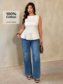 Auralis Blusa sin mangas de talla grande con textura y dobladillo con volantes, elegante para el trabajo/ir y venir, estilo preppy/blusa sin mangas con dobladillo acampanado y ribete con volantes / Blusa de talla grande casual para playa/vacaciones / Blusa de peplum blanca - Albaricoque - Ver 5