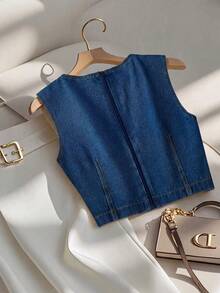 GlowEve Top corto de mezclilla sin mangas con decoración de perlas para mujer - Azul - Ver 3