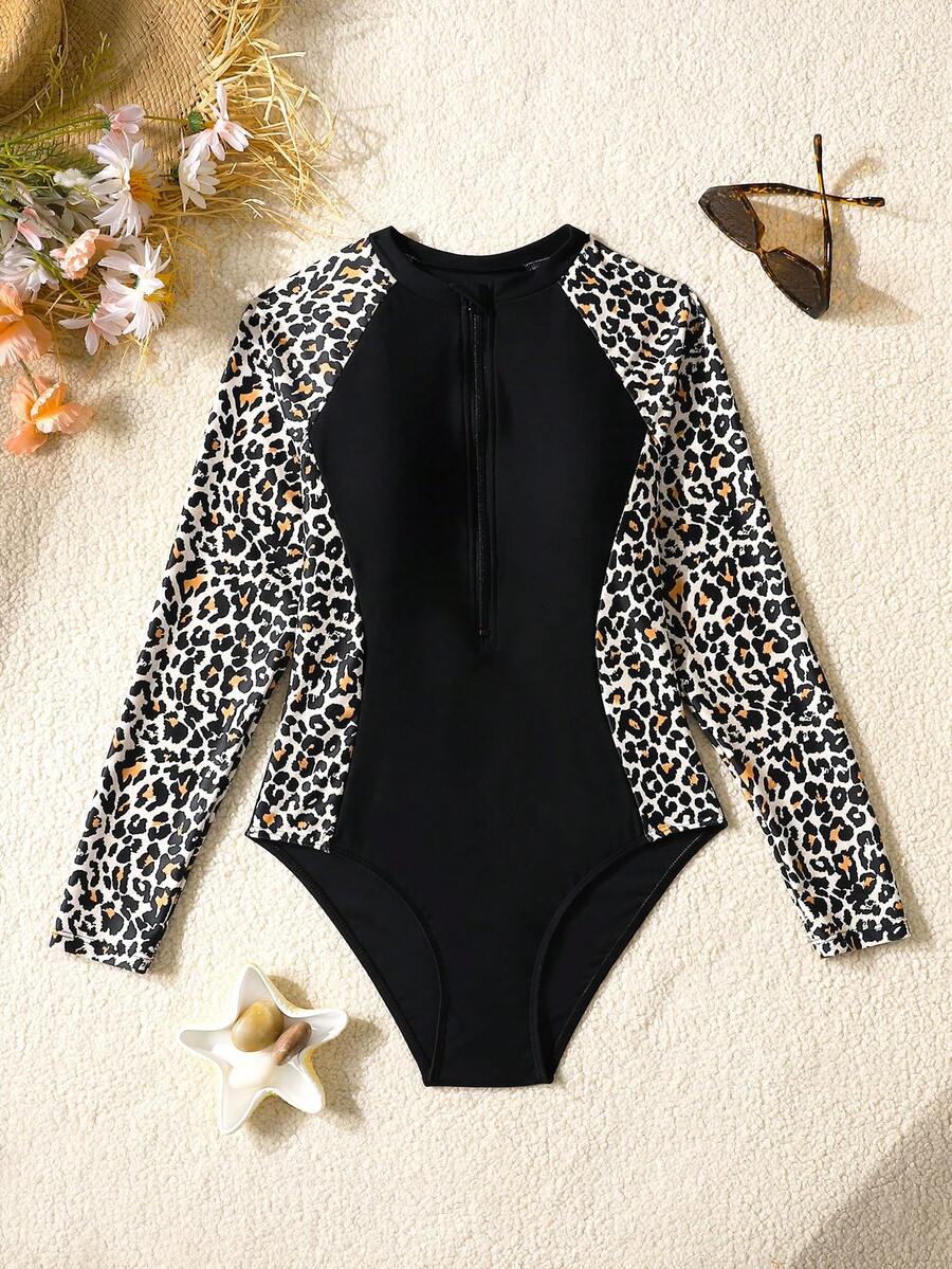 SHEIN Teen Girls One Piece Swimsuit,Leopard Print Patchwork Zipper Surf Suit,Full Coverage Conservative Bathing Suit For Summer Beach Holiday Vacation - Multicolor - View 1