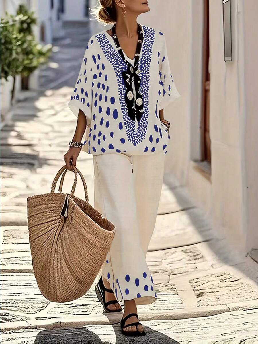 Balvessa Polka Dot Print V-Neck Blouse And Wide Leg Loose Straight Pants Two Pieces Set, Casual Vacation Outfit For Women - Multicolor - View 1