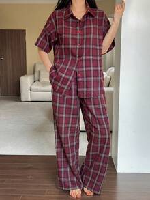 DAZY Bộ đồ ngủ 2 món gồm áo cardigan tay ngắn kẻ caro và quần dài ống rộng cho nữ, thích hợp cho mùa hè. - Màu Đỏ Sâu - Xem 5