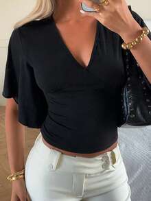 SHEIN EZwear Summer Elegant Women's Blouses  Women's Black V-Neck Ruffle Hem Fitted T-Shirt, Fashionable & Minimalist - Black - View 4