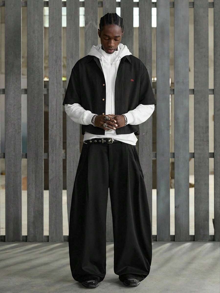 NEON BLANC Men's Casual Fashion Woven Short Sleeve Shirt With Embroidered Polar Bear Design, Suitable For Summer - Black - View 1