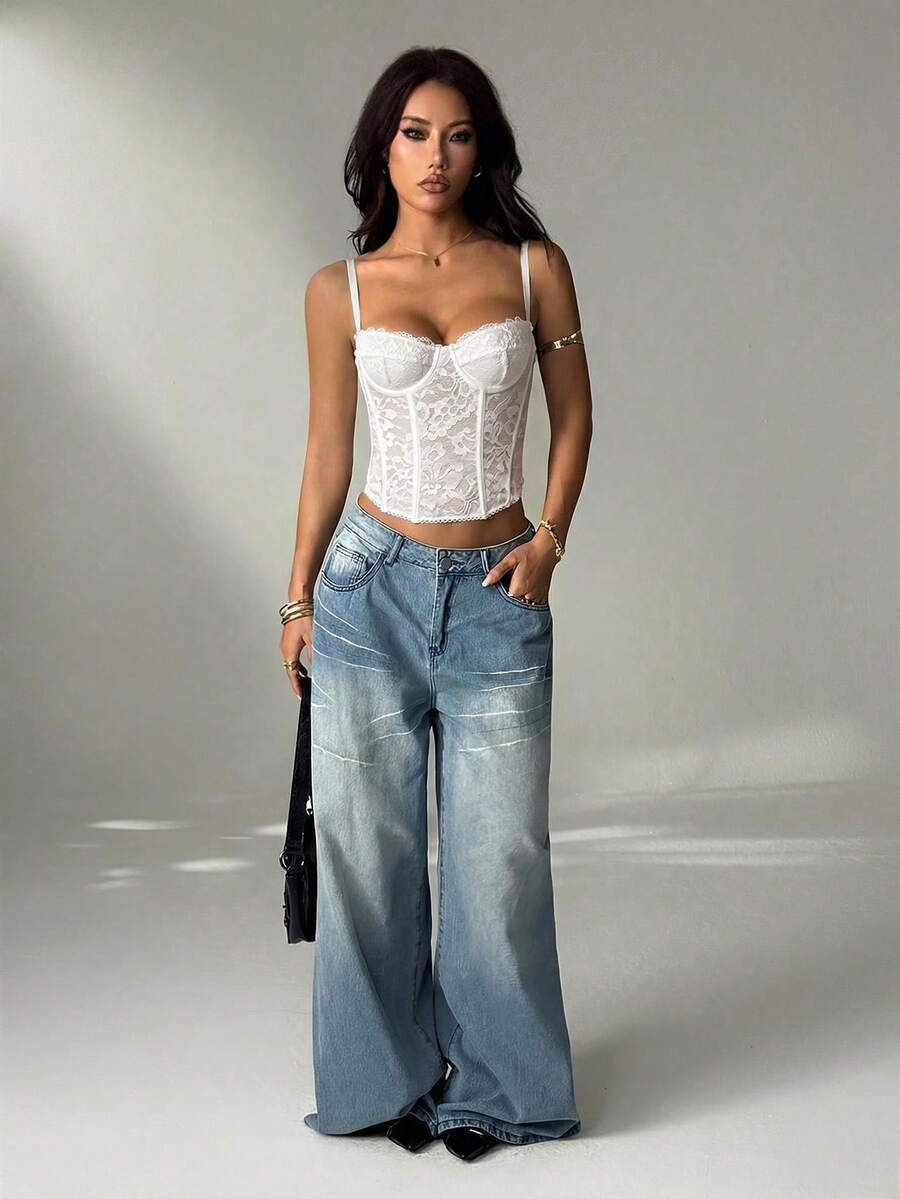 SHEIN PETITE Lace Sheer Camisole Top, Party, Date, Commute, Cute Bralette, Club Corset Strapless Summer Tops, For Women, Autumn/Winter Undershirt ,Petite Women - White - View 1
