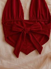 Soleia Textured Fabric Triangle Hem Fitted Halter Neck Tank Top, Suitable For Vacation, Music Festival, Bohemian, Holiday, Date, Afternoon Tea,Summer Top - Burgundy - View 3