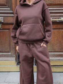 Yassique Bộ áo hoodie lót giữ nhiệt và quần nỉ dáng rộng thoải mái cho nữ mùa thu/đông - màu nâu - Xem 4