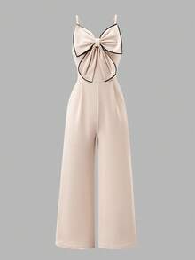 SHEIN Textured Fabric Spaghetti Strap Jumpsuit, French Bow Design, Unique Aesthetic, Fashionable, Draping, Snug Fit, Straight-Leg Jumpsuit For Spring/Summer - Apricot - View 3