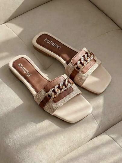 Resyla 新款女士平底凉鞋，方头设计，饰以链条和水钻，轻便舒适，百搭易穿，休闲舒适，适合居家、春夏户外、休闲、乡村度假、街头时尚、海滩等场合。