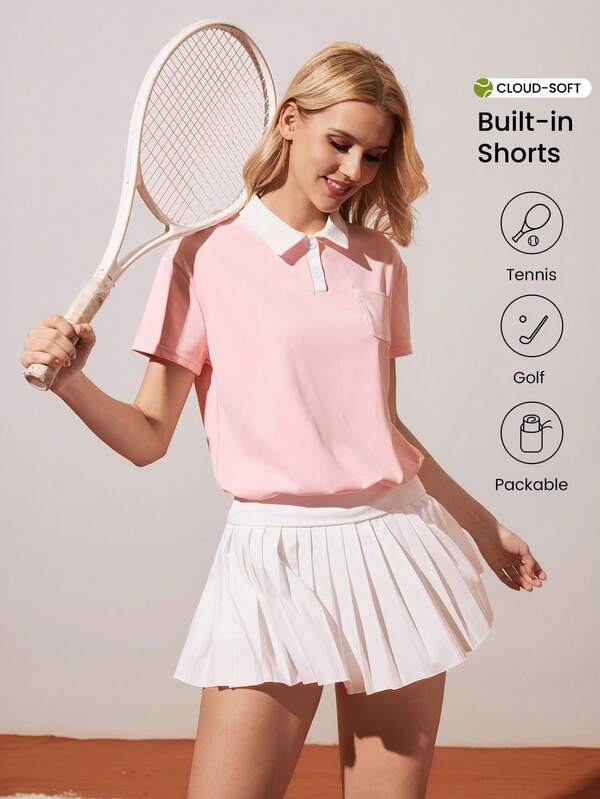 CourtClass Women's Casual Tennis Style Fitness Running Front Pocket Design Loose Contrast Color Short Sleeve Yoga Sports Polo Shirt, Summer