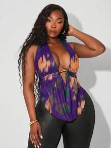 SHEIN SXY 大码女装春夏优雅性感日常百搭垂褶领露背吊带褶皱金属装饰上衣，适合日常穿着、西式服装、邮轮旅行、音乐节、演唱会等场合。 - 紫色 - 查看 1