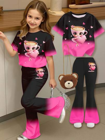 SHEIN Conjunto de 2 piezas de camiseta de manga corta con cuello redondo y pantalones acampanados con estampado de personaje de dibujos animados rosa vintage y corazón, adecuado para el verano