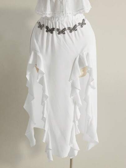 SHEIN ICON Plus-Size Women's Spring/Summer Retro Sexy Elegant Casual Fashion Individual Pure Sensuality Millennial Style Y2K Beach Vacation Party Grassland Music Festival Bohemian Style White Midi Dress With Side Slit And Ruffle Design