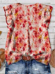 EMERY ROSE Áo kiểu nữ cổ chữ V cài cúc tay ngắn họa tiết hoa, thích hợp cho mùa hè, ngày Valentine, áo thường ngày cho nữ mùa xuân, cỡ lớn. - Nhiều màu - Xem 2