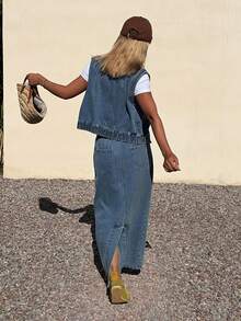 DAZY 女士休闲圆领短袖上衣和牛仔裙套装 - 淺色水洗藍 - 查看 2