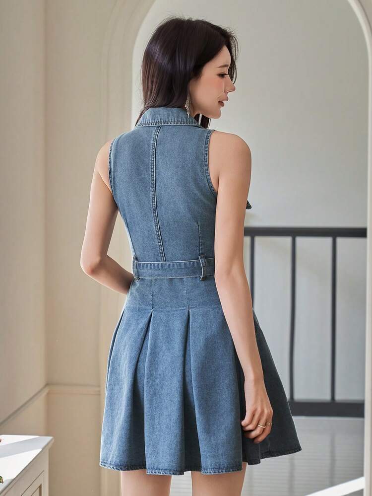 Women's Casual Washed Denim Dress With Collar, Sleeveless, Belt, Pockets, Short Length, Summer