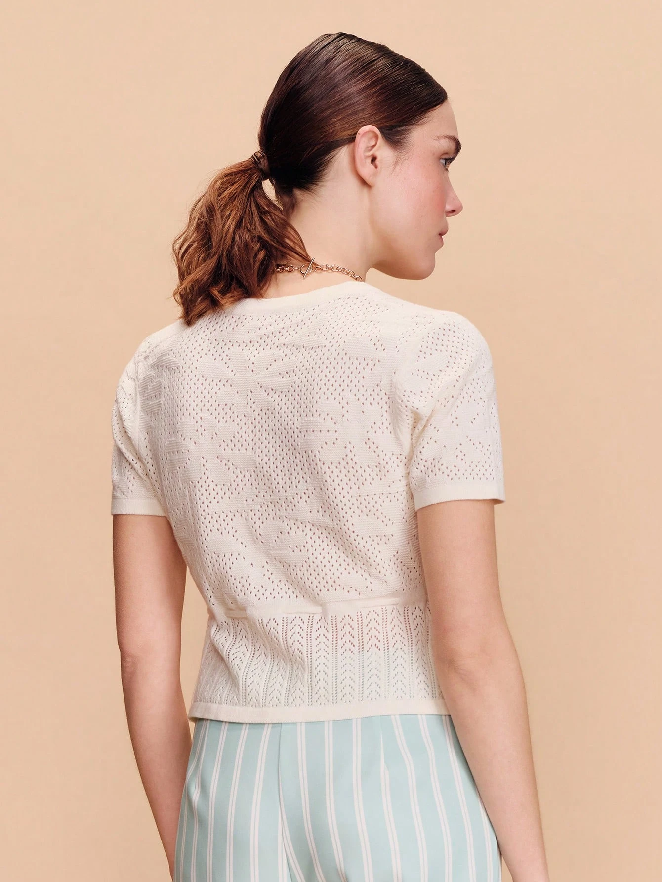 Cream Openwork Knitted Short Sleeve Top With Front Button Opening And Waist Tie Detail Spring Summer Vacation Top Holiday Top Resort Outfit For Women French Style Parisian Style