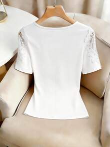 GlowEve Women's White V-Neck Short Sleeve Embroidered Ruffle Trim Fitted Waist Slim Sexy Commuter Versatile Chic Design T-Shirt, Spring/Summer - White - View 2