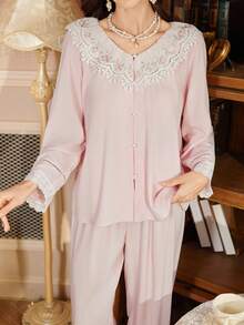 PalaceNights Bộ đồ ngủ nữ rộng rãi, thoải mái, thêu hoa cổ bèo kiểu cổ điển lãng mạn gồm áo khoác cardigan và bộ đồ ngủ. - Màu Hồng baby - Xem 1