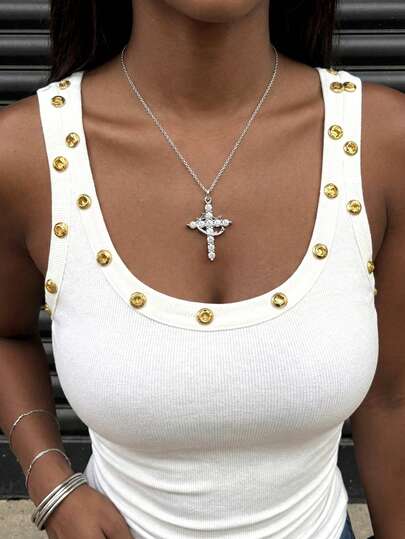 Rovax 1 Pc 45cm+5cm Stainless Steel Chain With Crown And Cross Pendant Necklace, Suitable For Daily Wear, Gift For Valentine's Day