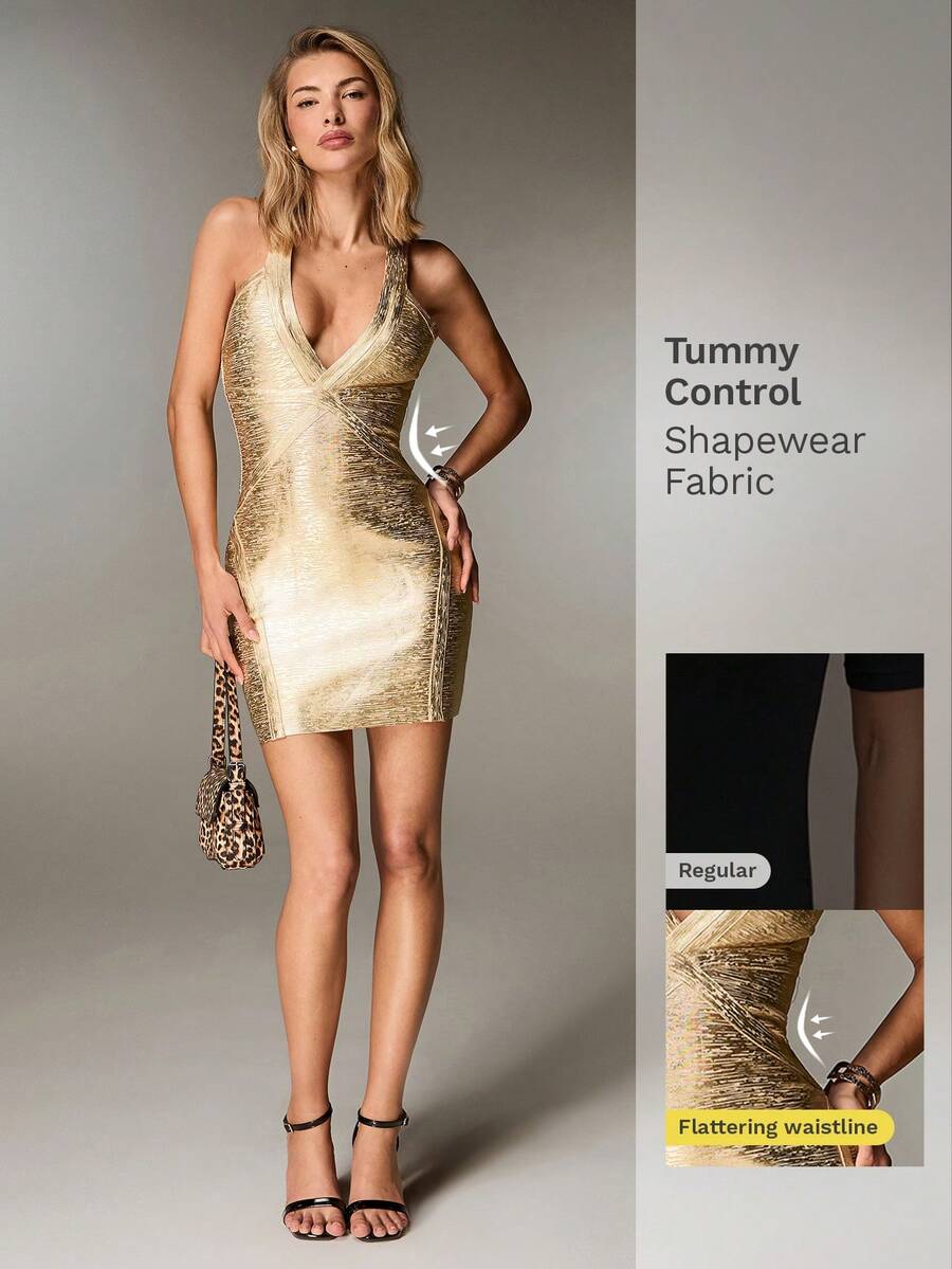Nuvra Women's Vacation Visually Striking Alluring Sexy Bodycon Charming Waist-Cinching Deep V-Neck Regular Foil Gold Spaghetti Strap Sleeveless Bandage Bodycon Dress Gold Cocktail Dress Bandage Dress For Women Tummy Coverage Dresses Gold Sequin Dress Sequence Dress - Gold - View 1