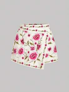 SHEIN MOD Plus Size Apricot Placement Print Asymmetric Design Skirt Pants, Spring/Summer Travel Vacation Shorts, Romantic Printed Shorts - Multicolor - View 1