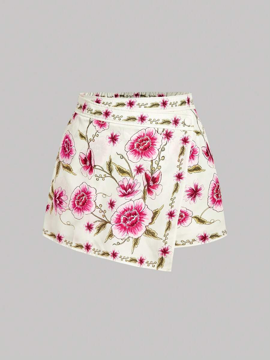 SHEIN MOD Plus Size Apricot Placement Print Asymmetric Design Skirt Pants, Spring/Summer Travel Vacation Shorts, Romantic Printed Shorts - Multicolor - View 1