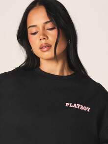 Missguided x Playboy Oversized Graphic T Shirt With Pink Bunny Print Short Sleeve Crew Neck Cotton Casual Streetwear Fashion Top - Black - View 3