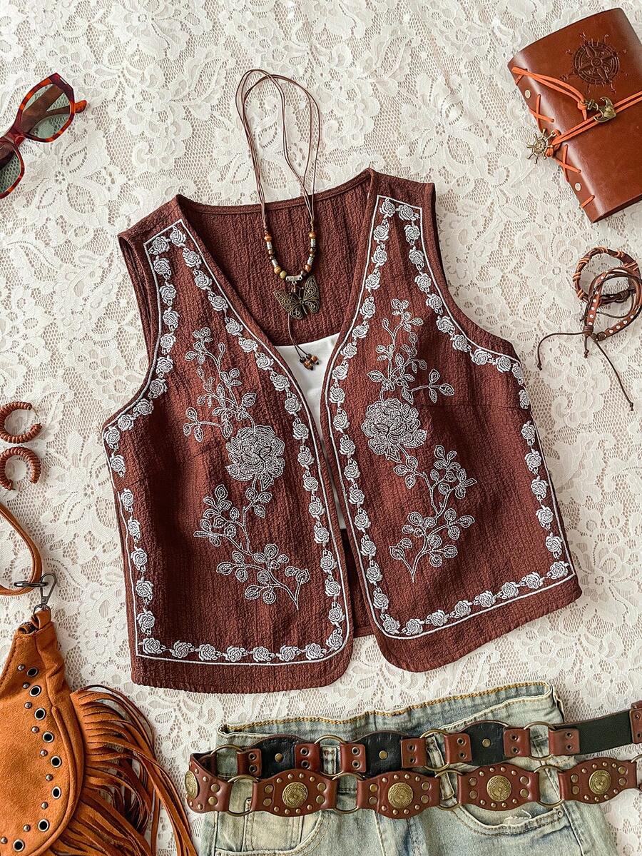 Soleia 女士夏季西部花卉刺绣开襟背心 - 棕色 - 查看 1