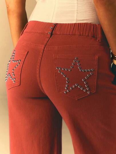 Athîral 女士休闲度假铆钉装饰红色阔腿牛仔裤，时尚百搭，适合户外穿着