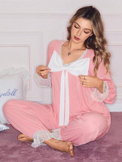 可爱甜美撞色蝴蝶结装饰喇叭袖宽松女式睡衣套装